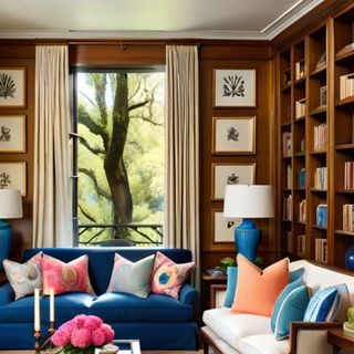 Living room with colorful throw pillows and shelves