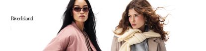 River Island logo top left with two models posing in front of a white background