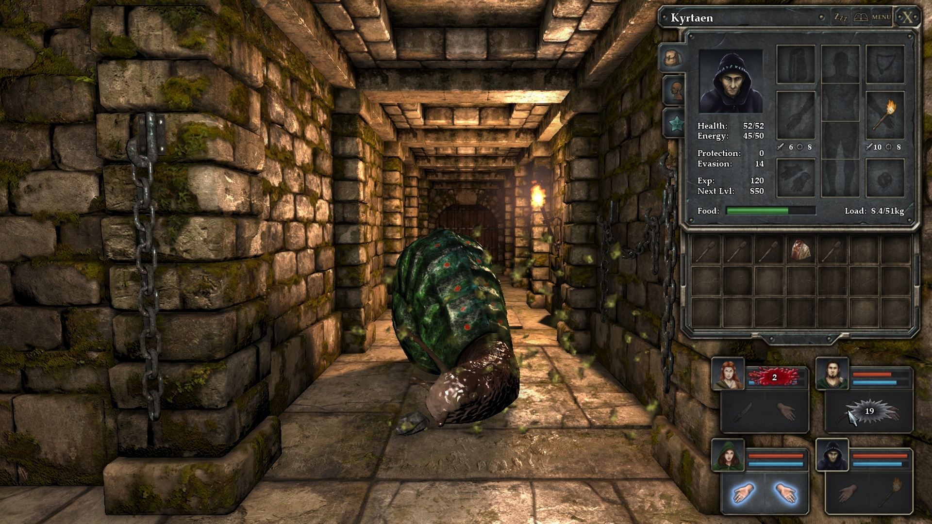 Economic games: four heroes face a giant snail in the first person in the dungeons of Legend of Grimrock