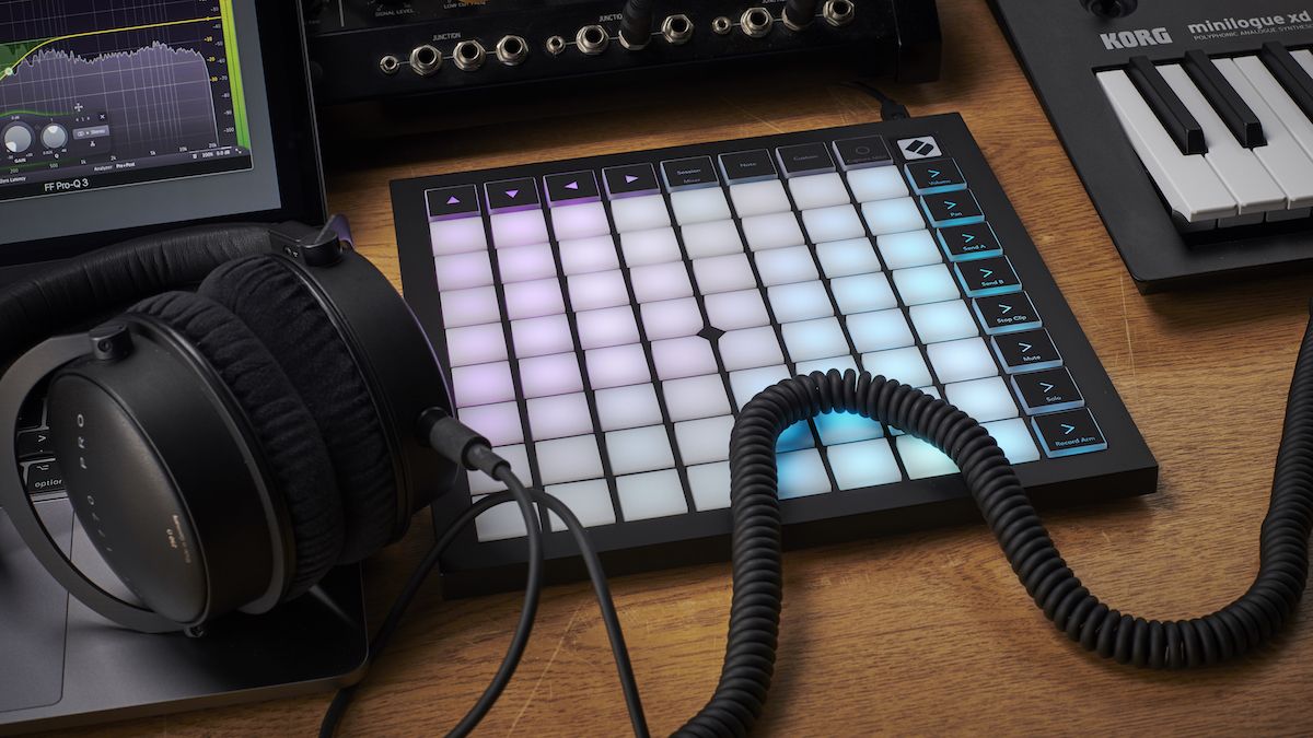 Novation Launchpad on a desk in a home studio