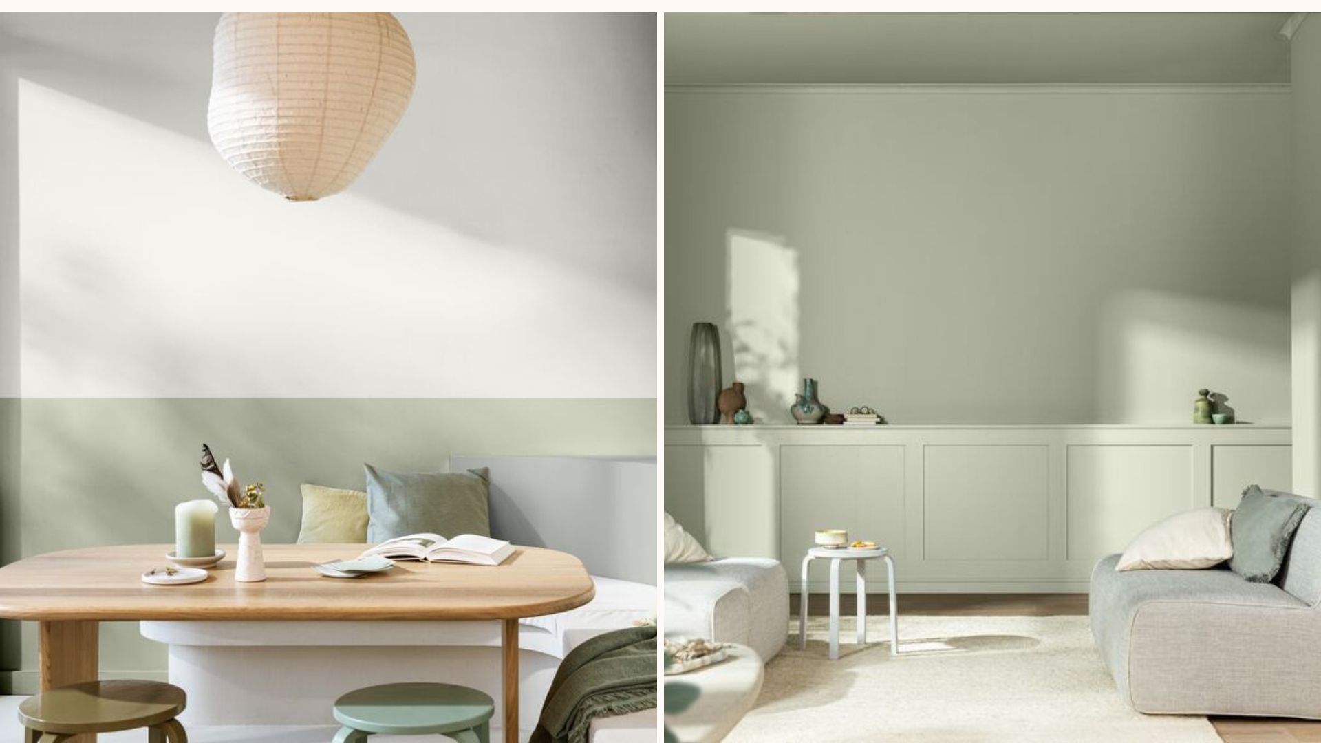 Split image of two rooms with sage green