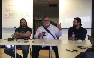 Gabe Newell discusses VR Thursday alongside Joe Ludwig (left) and Matt Brown.