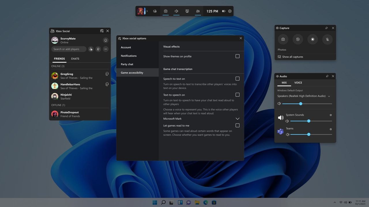 Image of Xbox's Oct. 2023 accessibility update, showing the new "Accessibility" settings menu for the Xbox Game Bar on Windows PC.