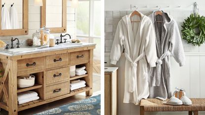 Items on sale from the Pottery Barn Warehouse Sale, photos include a brown bathroom cabinet and two Sherpa bathrobes hanging in a bathroom