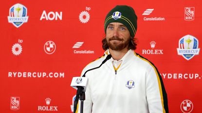 Tommy Fleetwood pictured at his Ryder Cup press conference