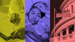 Three images next to each other in yellow, blue and red. The one on the left shows a hand writing on a clipboard, the middle shows a child holding a stuffed bear and the right shows the capitol.