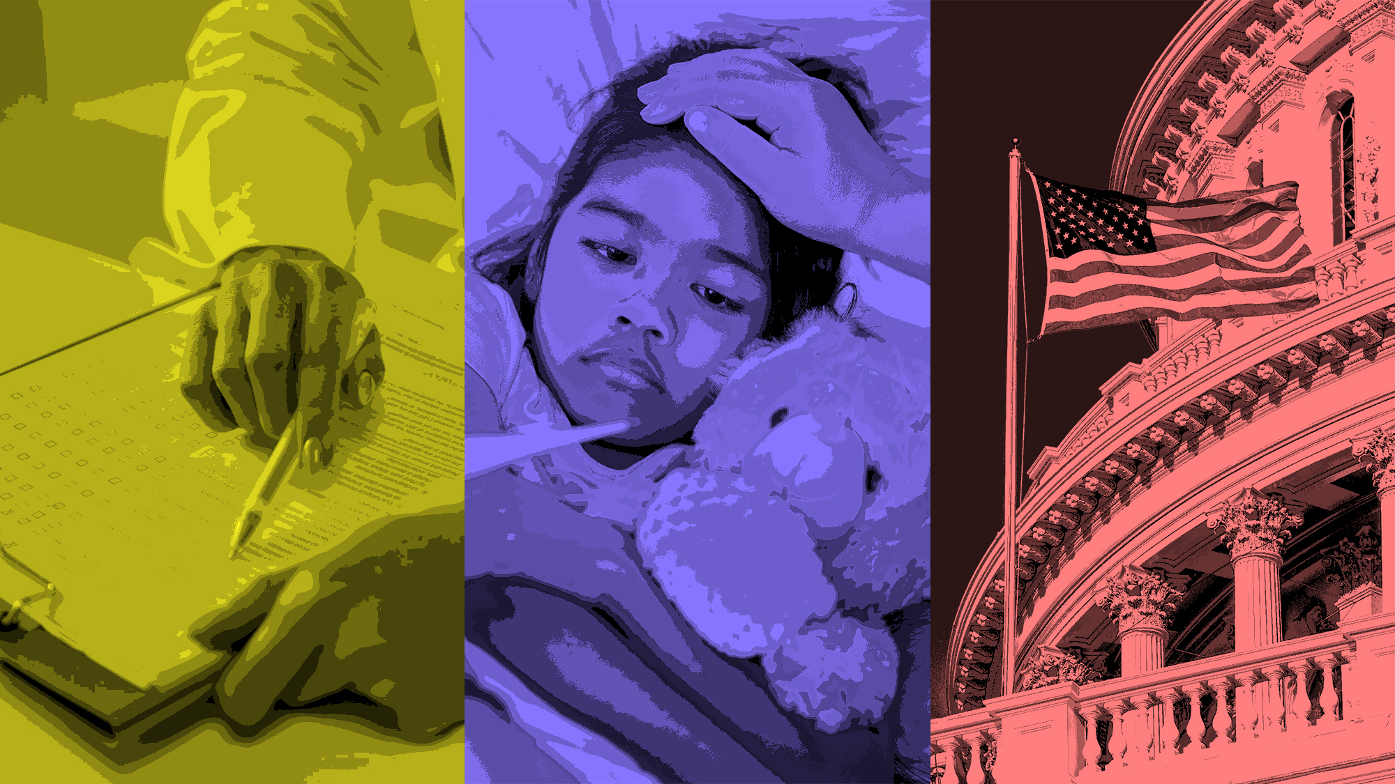 Three images next to each other in yellow, blue and red. The one on the left shows a hand writing on a clipboard, the middle shows a child holding a stuffed bear and the right shows the capitol.