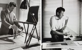 Robin Day working on the 'Q-stak Chair', 1953 – a one-piece moulded design with economy in mind rtraiture Day in his studio