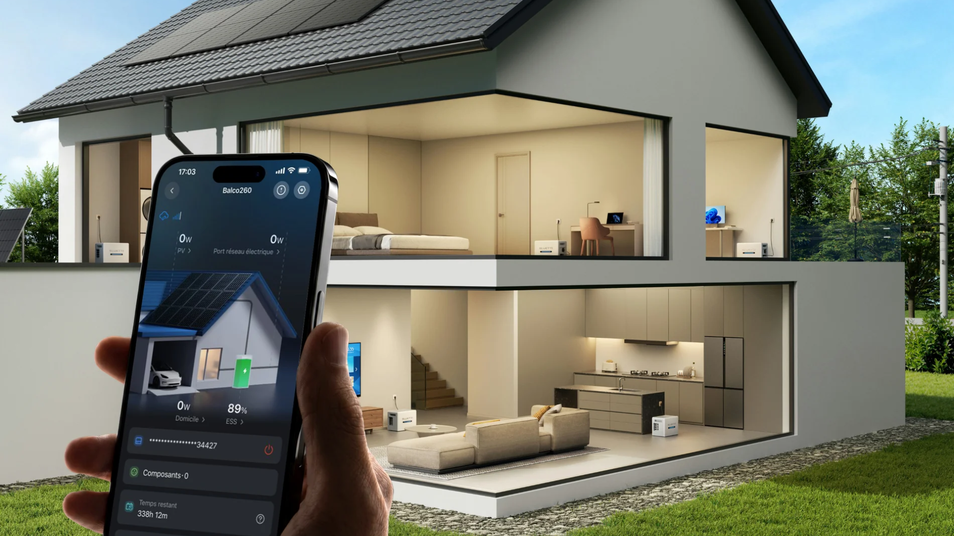 A mock-up of a phone and cutaway house showing Bluetti's Balco 260 in multiple rooms