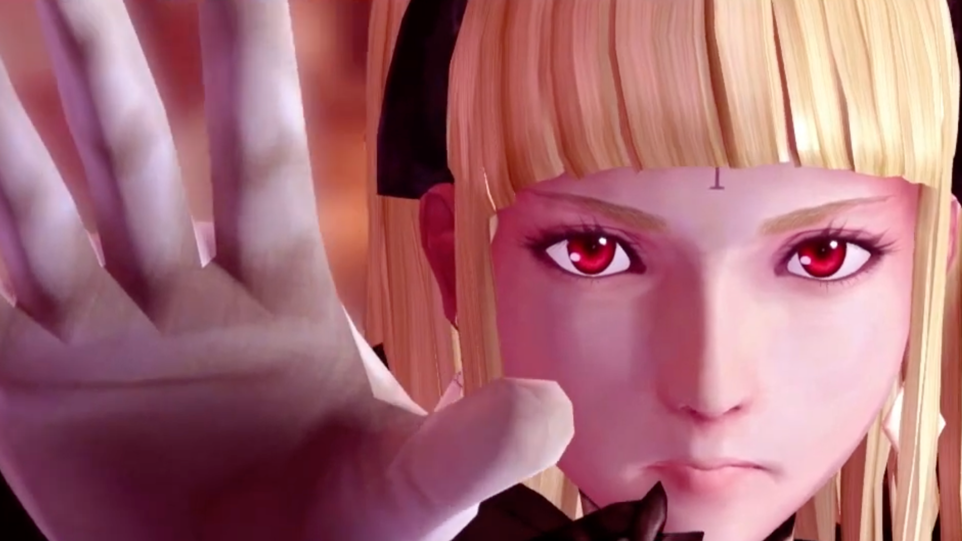 Drakengard 3 character holds up her palm while frowning