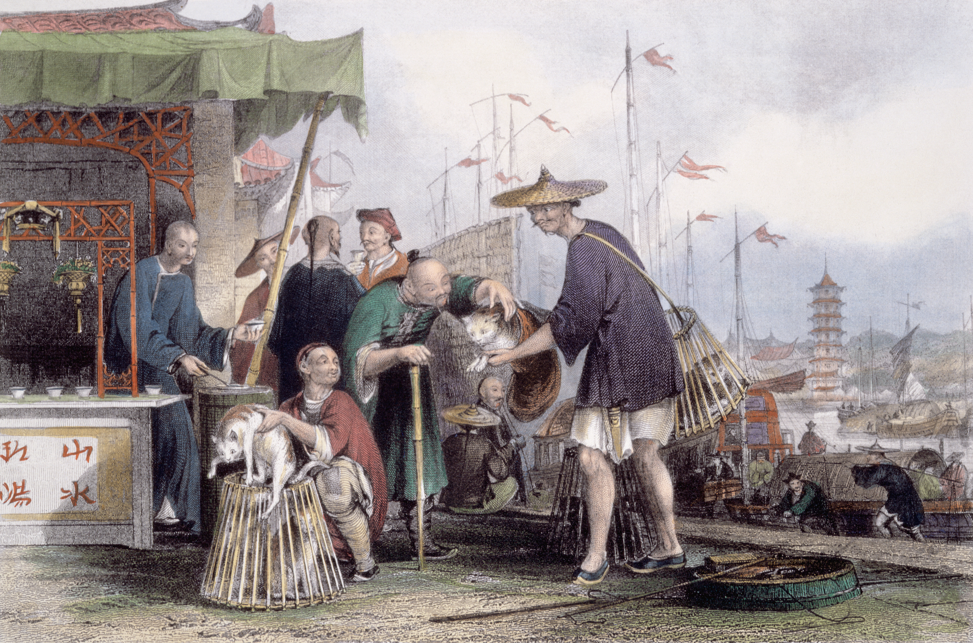 Illustration of cat merchants and tea dealers by Thomas Allom.