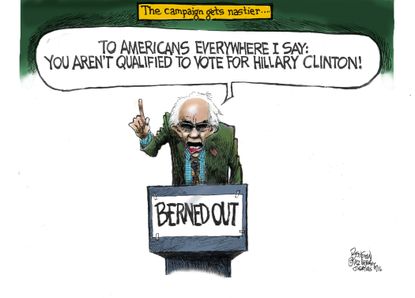 Political Cartoon U.S. Bernie Hillary 2016