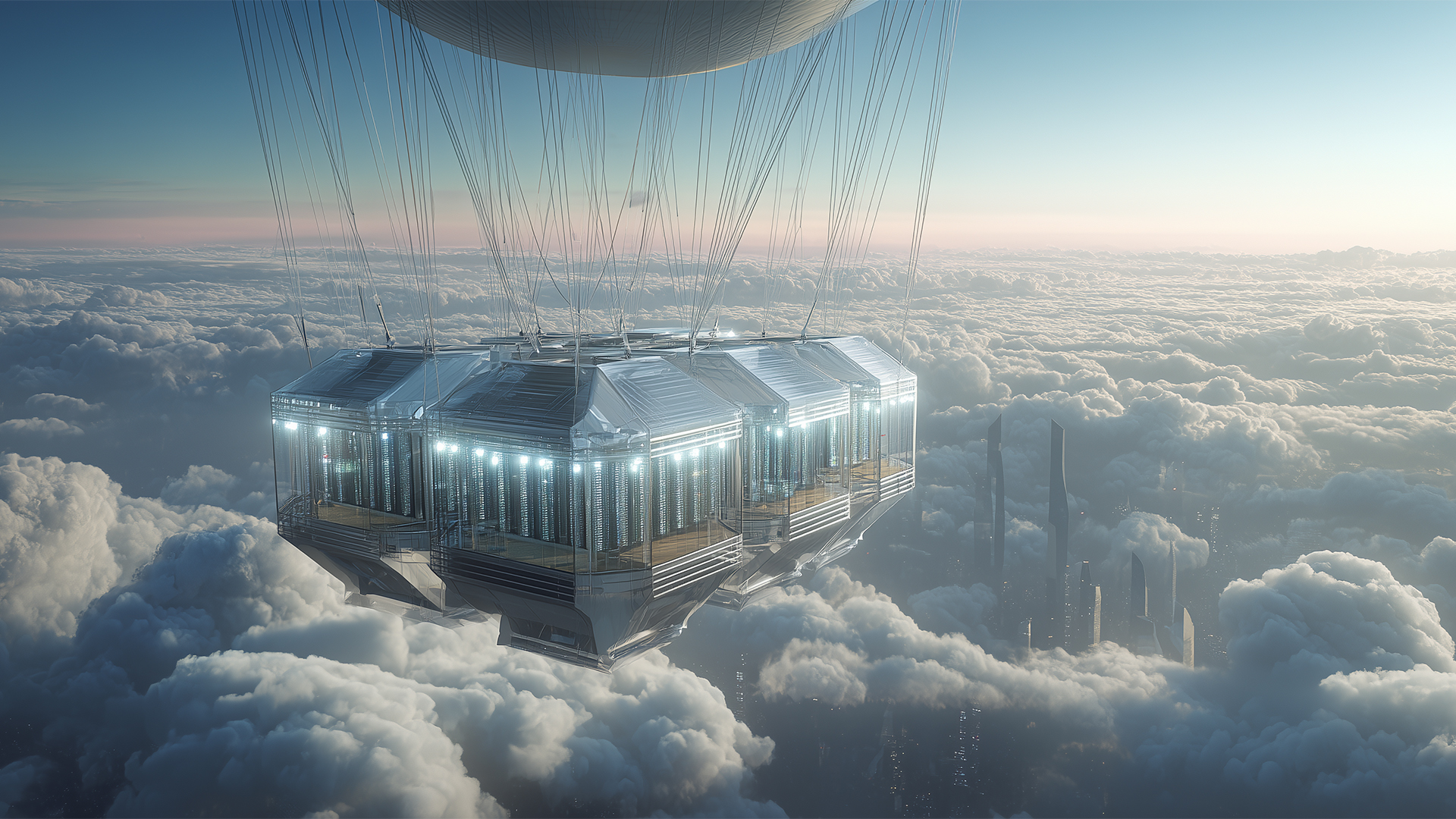 Floating data center concept image with data center hanging from balloon floating high above the clouds.