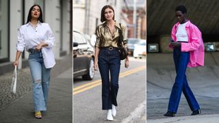 Three women wearing bootcut jeans with a shirt, showing how to style bootcut jeans for 2023