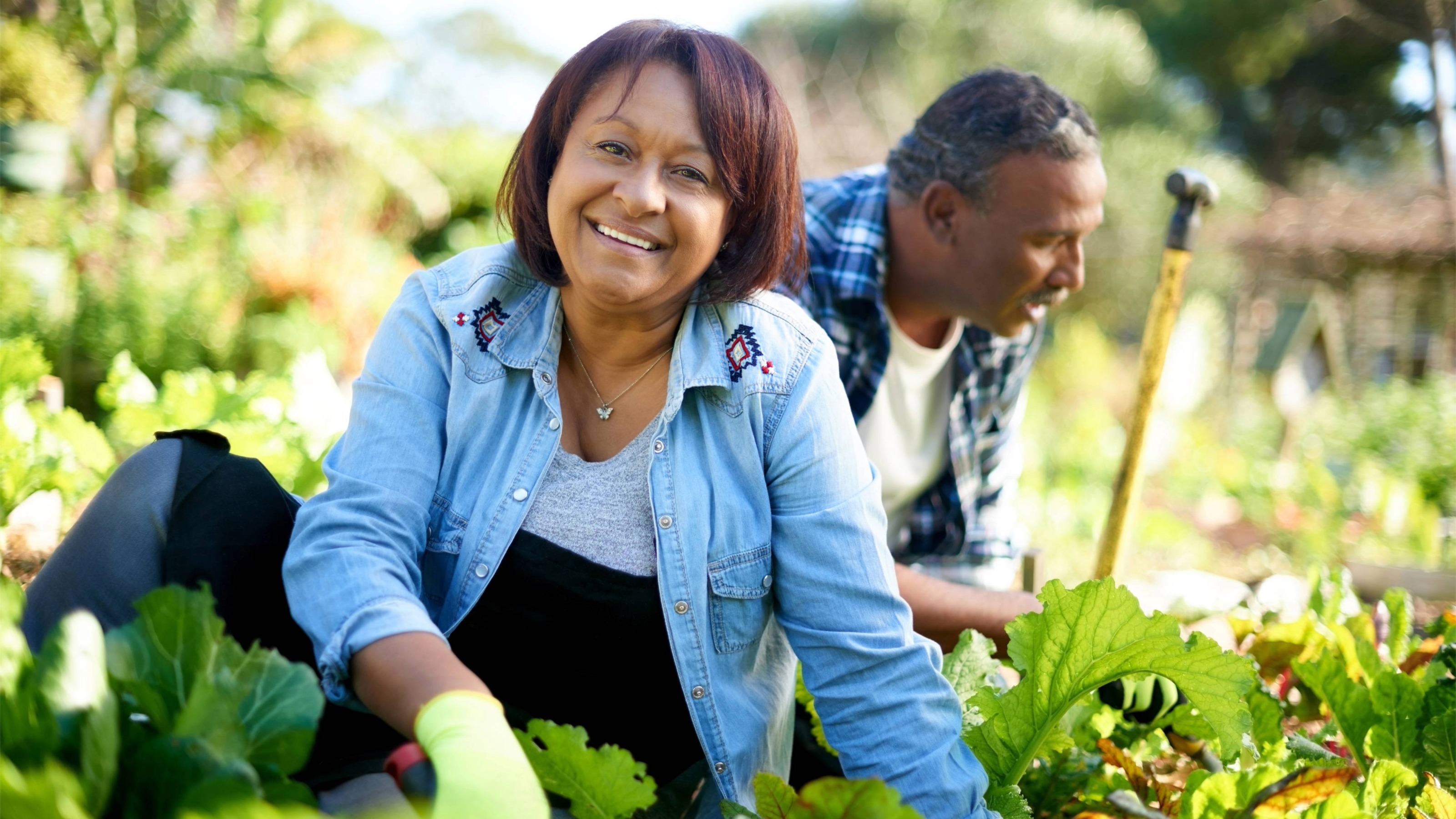 Mature couple happily working in their garden