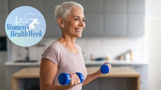 Woman in pink top with grey-blonde hair lifting dumbbells during biceps curls with Women's Health Week logo top left