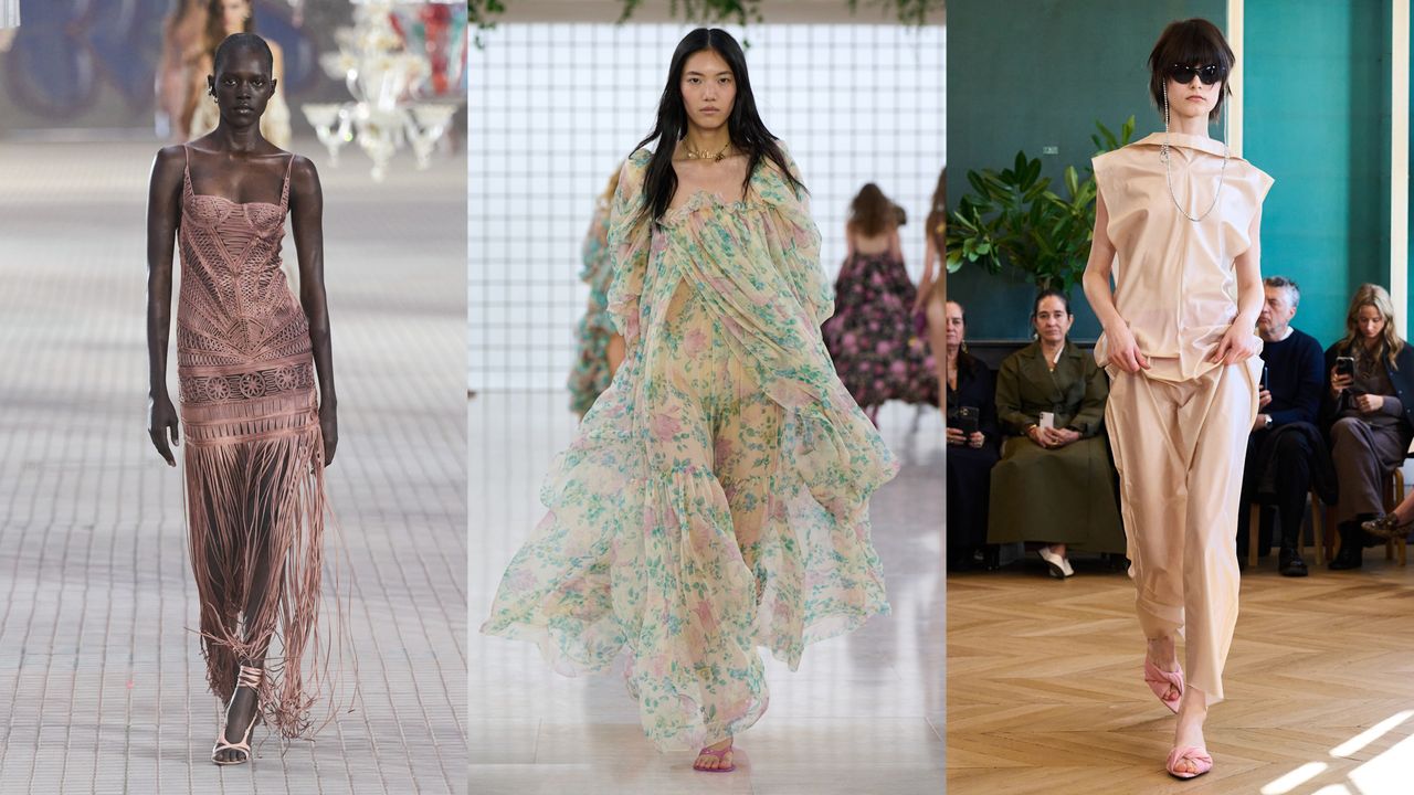 A collage of models from the chloe and The Attcio spring/summer 2025 show wearing pink shoes.