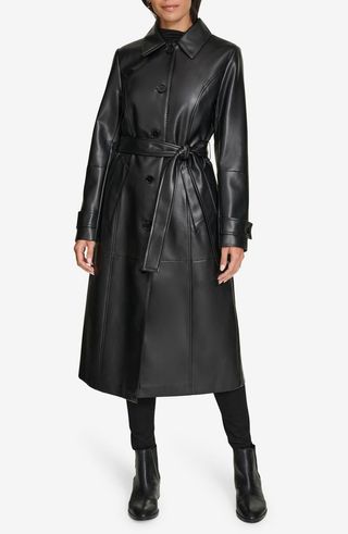 Faux Leather Belted Trench Coat