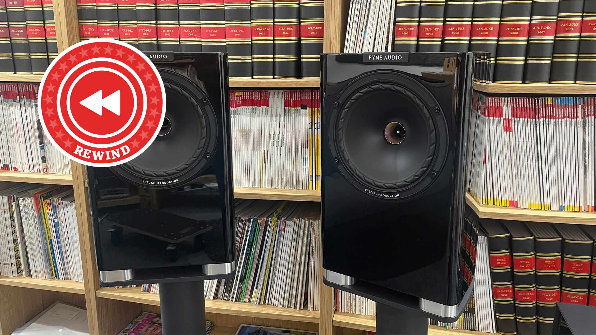 Fyne Audio F701SP speakers in listening room with Rewind logo