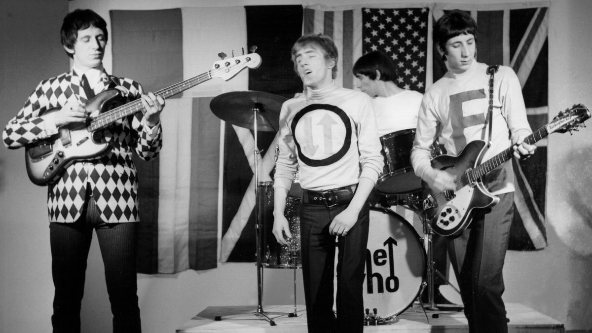 John Entwistle, Roger Daltrey, Keith Moon and Pete Townshend of the rock and roll band &quot;The Who&quot; perform onstage for a TV show in 1965 in London, England. 