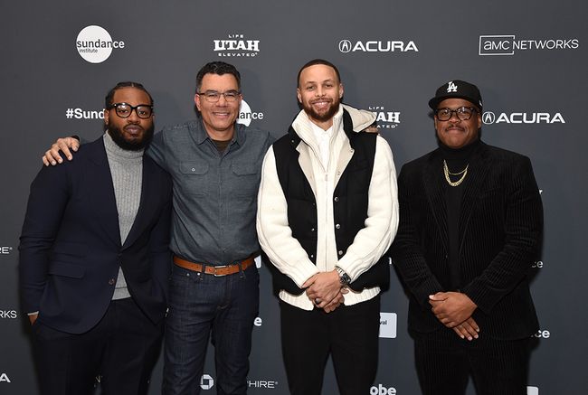 (From l.): Producer Ryan Coogler, director/producer Peter Nicks, Stephen Curry and producer Erick Peyton at the Sundance Film Festival premiere of Apple TV Plus and A24&rsquo;s Stephen Curry: Underrated in Park City, Utah.