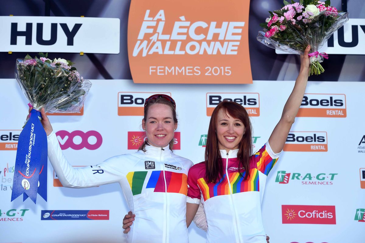 World Cup leader Anna van der Breggen (Rabo Liv) with best young rider and teammate Katarzyna Niewiadoma (Rabo Liv)