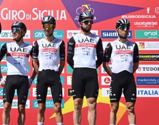 Alvaro Hodeg (third right) and other UAE teammates before the start of stage 1 of the 2023 Giro di Sicilia 2023