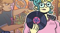 Wax Heads; a digital illustration depicts a young woman holding a record, surrounded by a variety of displayed items in a store
