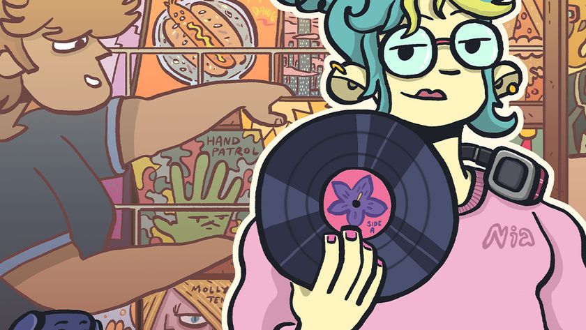Wax Heads; a digital illustration depicts a young woman holding a record, surrounded by a variety of displayed items in a store