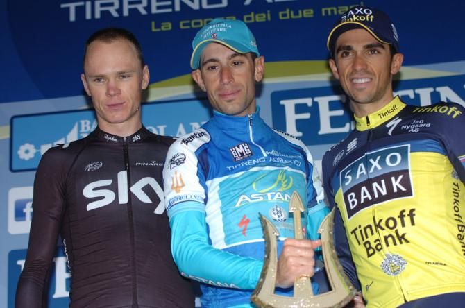 2013 Tirreno-Adriatico podium (L-R): Chris Froome (Sky), 2nd; Vincenzo Nibali (Astana), 1st; Alberto Contador (Saxo-Tinkoff), 3rd