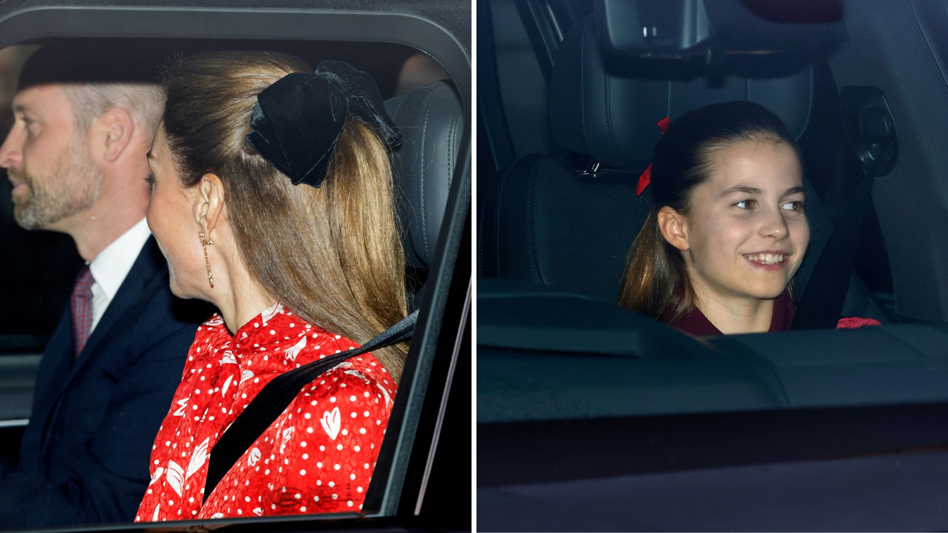 A composite of a picture of the Princess of Wales wearing a hair bow as she travels to a Christmas lunch and a picture of Princess Charlotte also wearing a hair bow