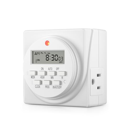 Bn-Link Indoor Digital Timer Outlet, Dual Outlet 7 Day Programmable Light Switch, 3 Prong Plug in Timers for Electrical Outlets, Lamps, Fans, 8 On/off Programs, 1 Pack, 15a/1875w, Etl Listed