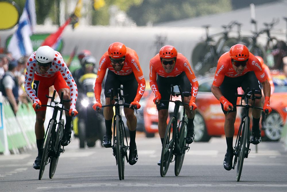 Greg Van Avermaet (CCC) wears the mountain jersey during the team time trial at the Tour de France