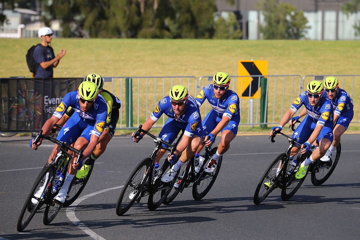 Elia Viviani sits at the back of the Quick-Step Floors train