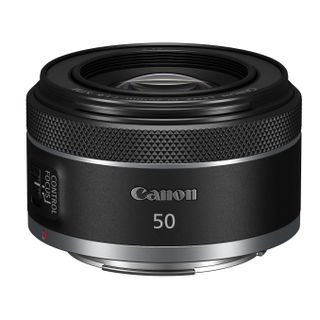 Canon RF 50mm f/1.8 STM lens against a white background