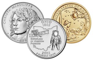 Earlier U.S. Mint coins depicting astronauts include the 2002 Ohio State Quarter, 2019 Native American $1 Coin and 2021 Christa McAuliffe Commemorative Silver Dollar.