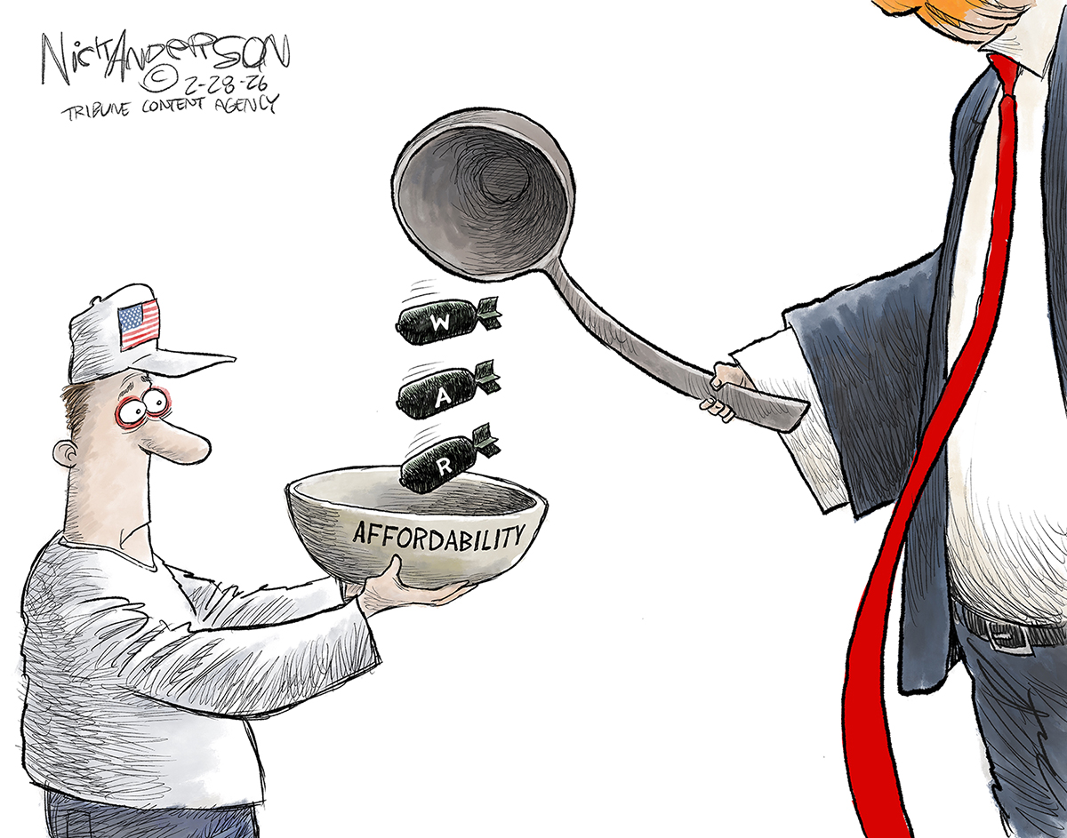 A man in an American flag hat holds an empty bowl labeled "affordability." Donald Trump stands next to him and fills the bowl with bombs labeled &amp;ldquo;WAR&amp;rdquo; instead of food.