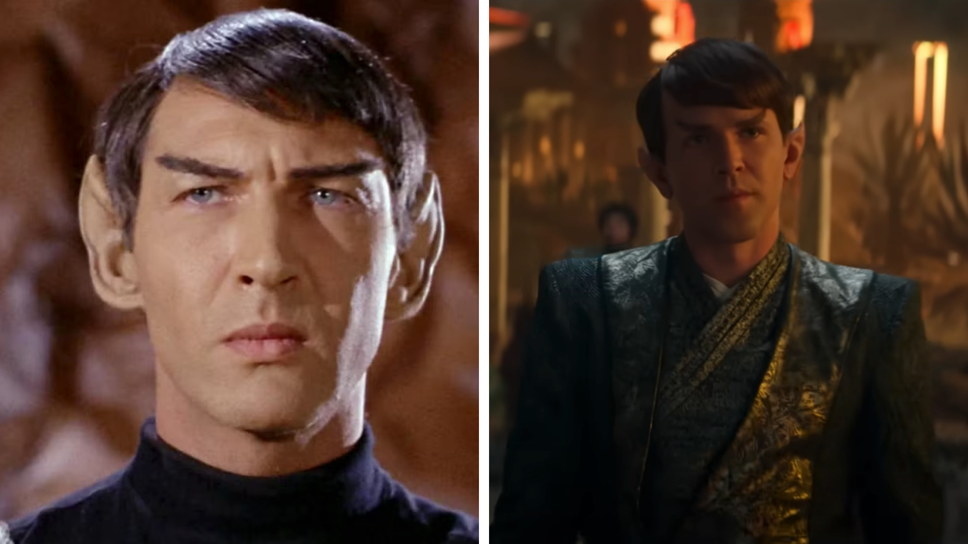 Split image showing Lawrence Montaigne (Left) and Roderick McNeil (Right), who played Stonn in Star Trek: The Original Series and Star Trek: Strange New Worlds, respectively.