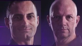 From left to right, side by side, close-up portraits of VSS Eve pilots Jameel Janjua and Nicola Pecile