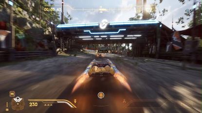 Star Wars Galactic Racer landspeeder using afterburners and approaching start/finish line on Lantaana race