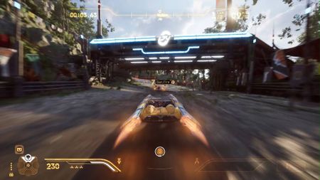 Star Wars Galactic Racer landspeeder using afterburners and approaching start/finish line on Lantaana race