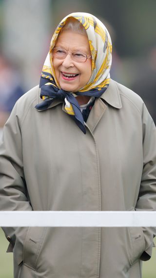 Queen Elizabeth II wearing one of her famous headscarves.