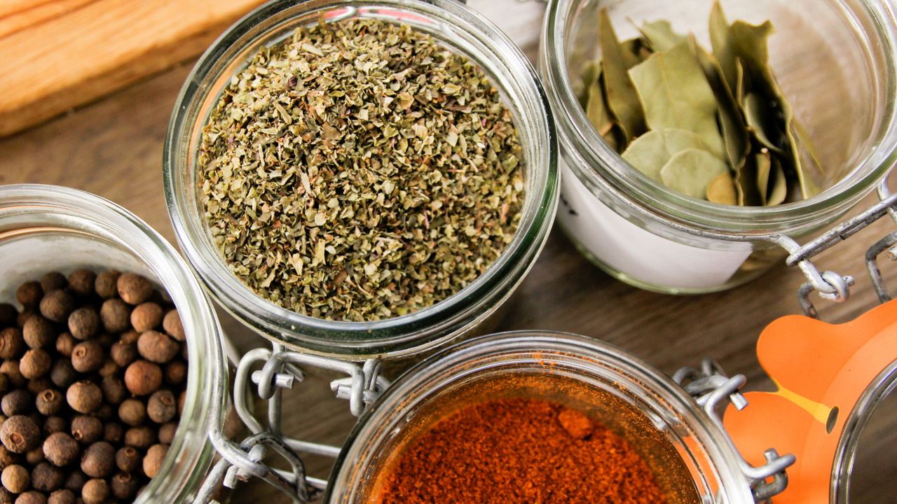 Spices displayed in glass jars