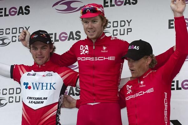 Stage twelve podium (l-r): Scott Law (2nd,Virgin Blue/RBS Morgans), Thomas Palmer (1st,Drapac Porsche), and Stuart Shaw (3rd,Drapac Porsche).