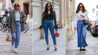 Three women on the street photographed showing how to style high waisted jeans with a blouse
