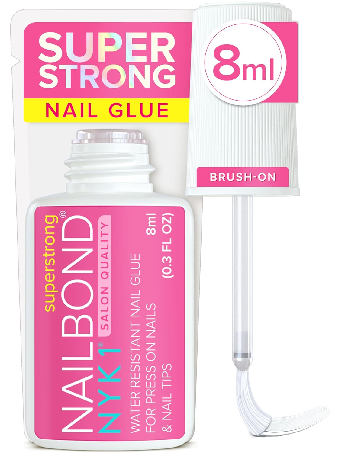 Super Strong Nail Glue for Press on Nails, Nail Tips &amp;amp; Acrylic Fake Nails (8ml) Nyk1 Nailbond Brush on Glue for Press Ons, Tips &amp;amp; Acrylics - Long Lasting, Maximum Strength, Mess-Free Application