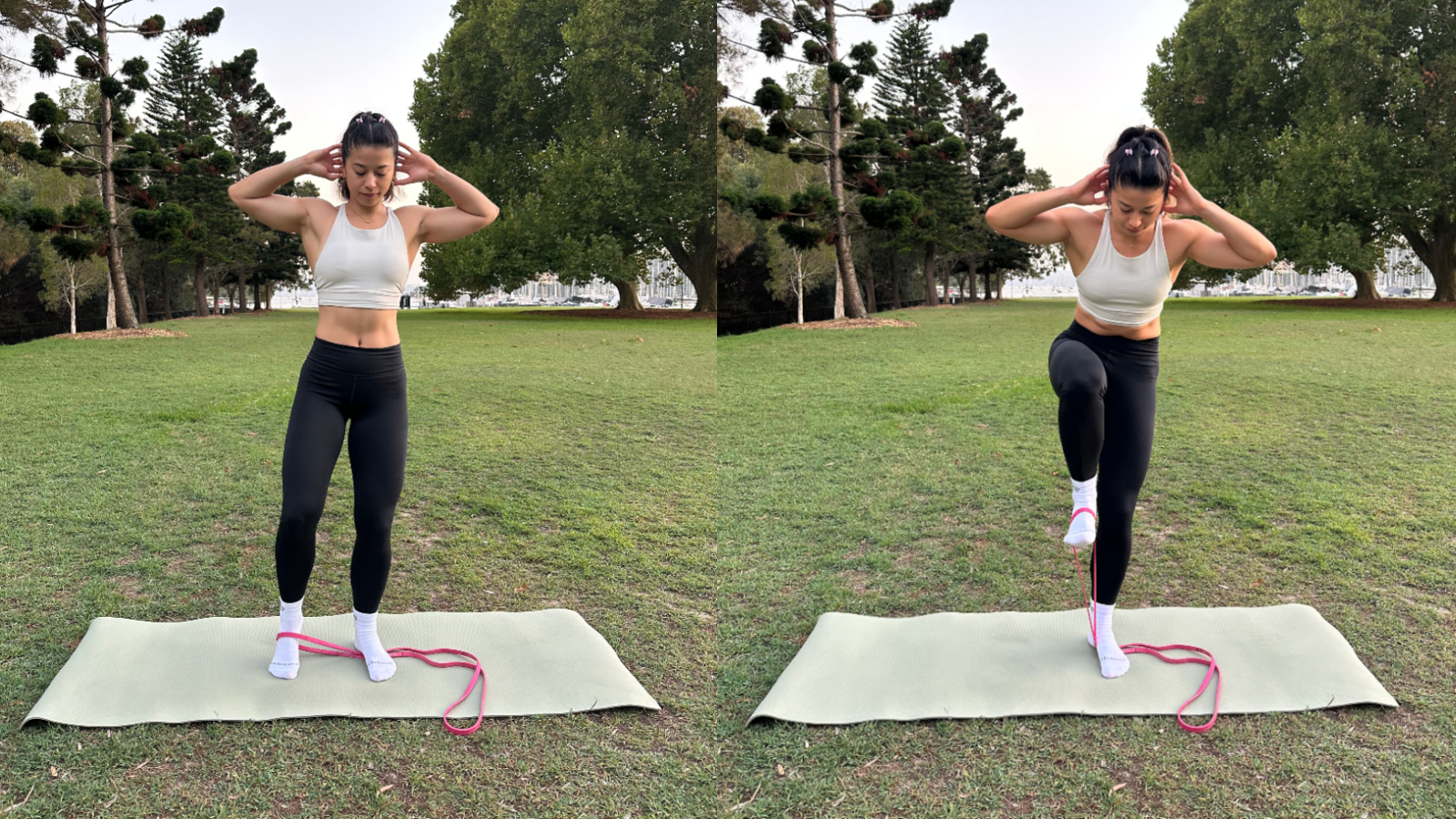 Woman doing resistance band exercise in park