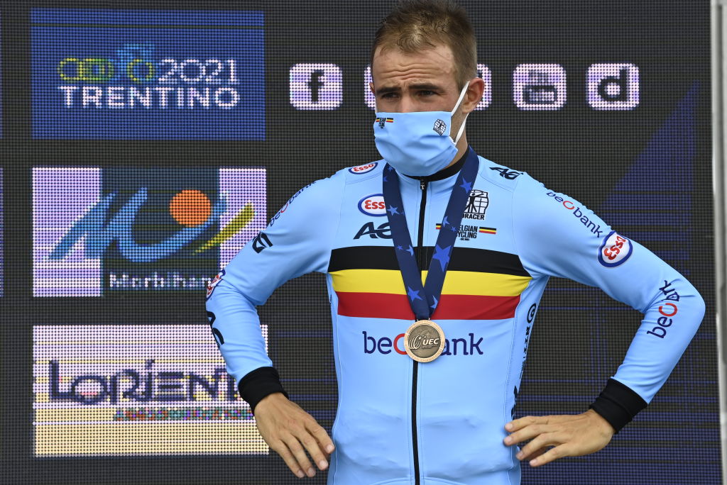 Belgian Victor Campenaerts celebrates his bronze medal at the mens elite time trial race at the European Championships cycling in Plouay France Monday 24 August 2020BELGA PHOTO ERIC LALMAND Photo by ERIC LALMANDBELGA MAGAFP via Getty Images