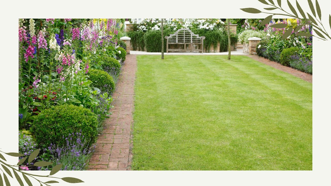 A backyard with a healthy lawn surrounded by flowerbeds to support an article which asks can you scarify a wet lawn