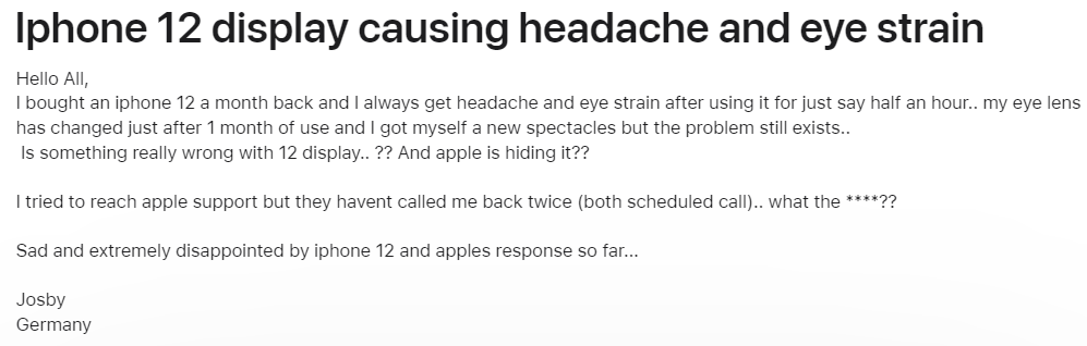 Apple Community comments from users affected by PWM-dimmed displays